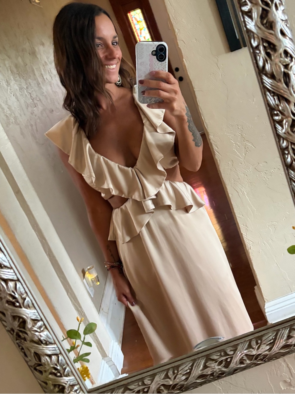 Show Me Your MuMu Champagne Ruffle V-Neck Satin Midi Dress